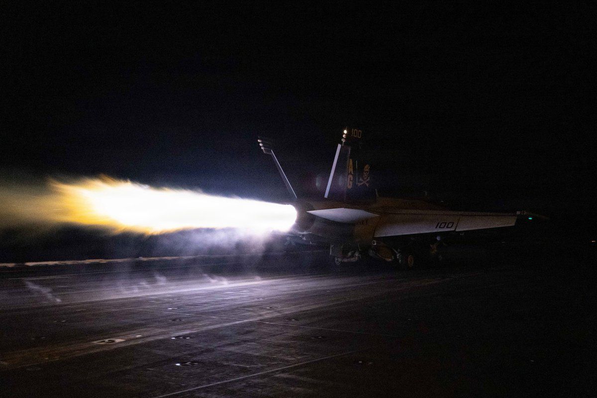 @U.S. Central Command: An F/A-18F Super Hornet launches from the flight deck of USS George H.W. Bush (CVN 77) as the ship sails in regional waters and continues to support enforcement of the U.S. blockade against Iran. As o
