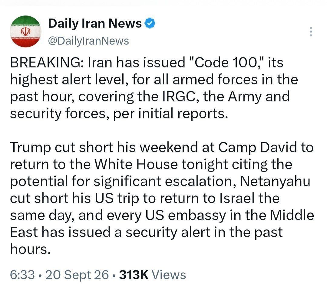 @✡︎𝐋𝐢𝐯𝐞𝐈𝐫𝐚𝐧𝐍𝐞𝐰𝐬🇮🇷🇮🇱: 🚨🇺🇸🇮🇱🦀
Initial reports: The terrorist regime of the Islamic Republic has declared the highest level of alert, known as "Code 100," for its armed forces and security apparatus.
According to t