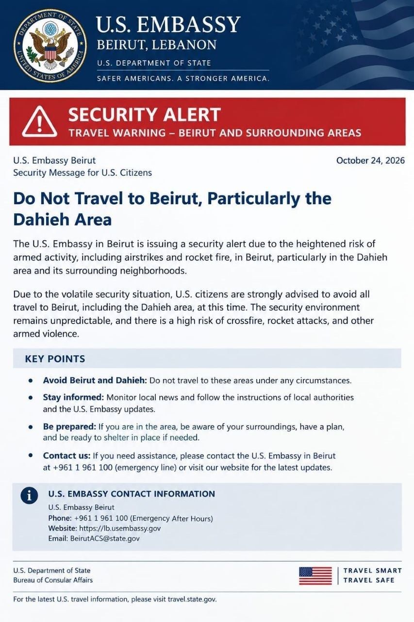 The US Embassy in Beirut has published a security alert for the Lebanese Capital, specifically the Dahieh area. The warning cites a volatile security situation, due to the risk of armed activity…