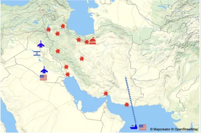 @WarMonitor🇺🇦🇬🇧: Main US-Israeli airforce strikes overnight on Iran:
Tehran
-National Security Council headquarters
-Police Station 104, 113 and Judiciary building  
-Imam Ali Officer Training University
-IRGC headqua