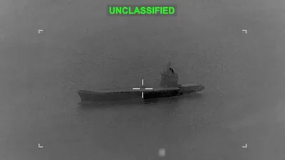 @Babak Taghvaee - The Crisis Watch: BREAKING: The US CENTCOM released footage showing the strike on the IRGC Navy drone carrier Shahid Bagheri (C110-04) in Hormuz Strait. 

The vessel is a converted container ship, formerly known as Per