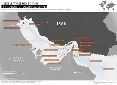 @WarMonitor🇺🇦🇬🇧: Map showing commercial vessels reportedly targeted or damaged across the Persian Gulf and Strait of Hormuz since the start of the Iran war.