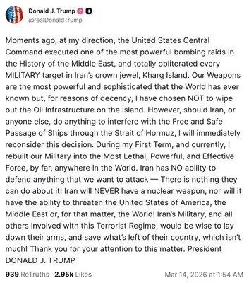 @Shin: President Trump announces obliterating "Every military target in Kharg Island", Hormozgan Province, #Iran 

Post:
"Moments ago, at my direction, the United States Central Command executed one of the m