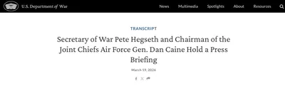 @Shin: Secretary of War Pete Hegseth and Chairman of the Joint Chiefs Gen. Dan Caine provided an update on Operation Epic Fury, 19 days into the conflict with Iran. The briefing followed the return of six fa