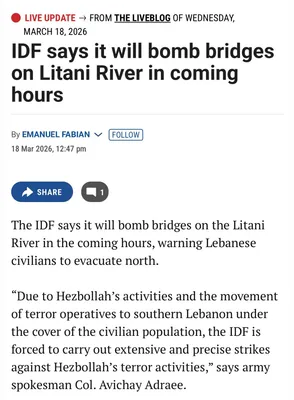 @Visegrád 24: 1. Israel announces it will bomb the bridges on the Litani river.

2. A Russia Today “journalist” decides to stand on a Litani river bridge.

3. Nearly gets bombed to pieces.

4. Cries foul and war cr