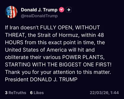 @Eli Afriat 🇮🇱: 🚨🇺🇸🇮🇷HOLY SHIT!!

Trump gives Iran a 48-hour ultimatum to open the Strait of Hormuz - OR HE WILL HIT ITS POWER PLANTS!!