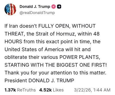 @Visegrád 24: BREAKING:

Trump threatens to destroy Iran’s power plants unless Iran agrees to reopen the Strait of Hormuz within 48 hours