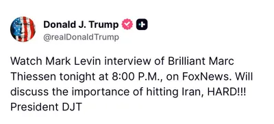 @🇮🇷LiveIranNews🇮🇱: 🚨🇺🇸🦀Post by President Trump right now:

Tonight at 8 PM, watch Mark Levin's interview with brilliant Mark Thiessen on Fox News. He will talk about the importance of a massive strike on Iran!!! Pre