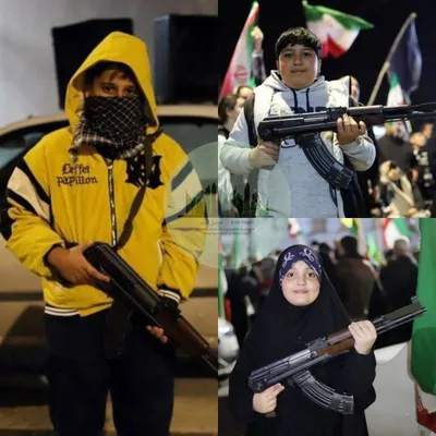 @Eli Afriat 🇮🇱: Iranian opposition channels are publishing alleged photos of children armed with Kalashnikovs and serving as an auxiliary force for the Basij.

After these terrorists are ELIMINATED, what will they sa