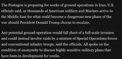 @𝐍𝐢𝐨𝐡 𝐁𝐞𝐫𝐠 🇮🇷 ✡︎: "The Pentagon is preparing for weeks of ground operations in Iran", per WP.

It really did feel like the reports of negotiations and a ceasefire weren't genuine. Probably a way to manage the oil price