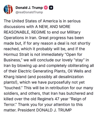 @🇮🇷LiveIranNews🇮🇱: 🚨🇺🇸🦀An hour ago, President Trump posted:

The United States of America is engaged in serious negotiations with a new and more rational regime to end our military operations in Iran. Great progress