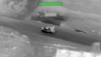 @Babak Taghvaee - The Crisis Watch: BREAKING: This video released by CENTCOM shows the moment a U.S. Air Force MQ-9A Reaper armed drone used an AGM-114R2 Hellfire missile to strike a Toyota Tundra pickup truck carrying a Shahed-136 one-