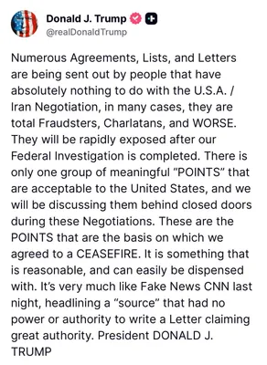 @Open Source Intel: Trump:

Numerous Agreements, Lists, and Letters are being sent out by people that have absolutely nothing to do with the U.S.A. / Iran Negotiation, in many cases, they are total Fraudsters, Charlatans
