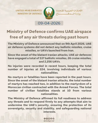 @Open Source Intel: The UAE Ministry of Defence confirms airspace remains clear of threats in recent hours.

No ballistic missiles, cruise missiles, or UAVs detected on 9 April 2026.

Since Iranian attacks began, air def