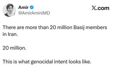@𝐍𝐢𝐨𝐡 𝐁𝐞𝐫𝐠 🇮🇷 ✡︎: This is a lie. Over 1/4 of Iran is not an active member of the Basij. Absolutely patently false.

At most this number stands at 1 million.