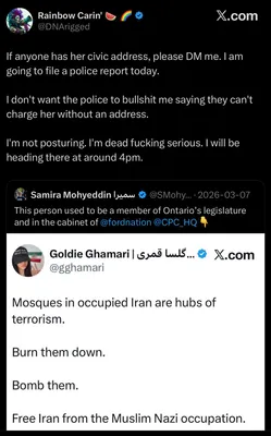 @Goldie Ghamari | گلسا قمری 🇮🇷: This mentally unhinged individual, @DNArigged, is openly trying to dox me and is searching for my home address.

Meanwhile, I have a $250,000 thousand dollar bounty on my head from the terrorist Islam