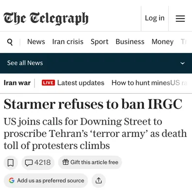 @𝐍𝐢𝐨𝐡 𝐁𝐞𝐫𝐠 🇮🇷 ✡︎: The conservatives and the Kier Starmer regime have been refusing to proscribe the IRGC as a terrorist organisation.

Kir the traitor welcomed the ceasefire between a regime that slaughtered tens of th