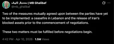 @Visegrád 24: Negotiations will not begin until two conditions are met: a ceasefire in Lebanon and the release of Iran’s blocked assets, said the Speaker of the Islamic parliament in Iran, Mohammad Bagher Ghalibaf.