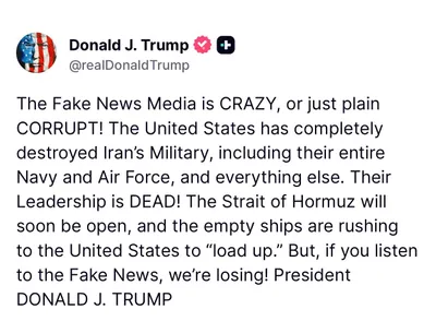 @🇮🇷LiveIranNews🇮🇱: 🚨Latest post from President Trump:

Fake news media are insane or, to put it simply, corrupt! The United States has completely destroyed the Iranian military, including the entire navy and air force 