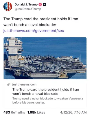 @Eli Afriat 🇮🇱: 🚨🇺🇸🇮🇷JUST IN: Trump recently shared an article claiming that he could impose a naval blockade on Iran to hurt the already very weak Iranian economy. 

Such a move would also affect China and Indi
