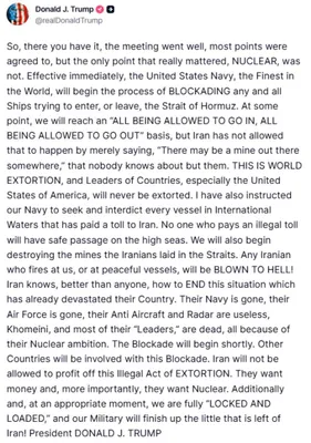 @Visegrád 24: Trump announces full naval blockade of Hormuz

All Iranian oil sold to world markets will be stopped:

“The U.S. Navy (…) will begin the process of BLOCKADING all Ships trying to enter or leave (…) we