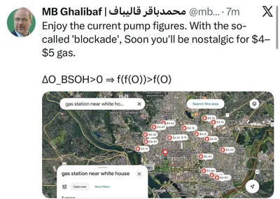 @🇮🇷LiveIranNews🇮🇱: 🚨🇺🇸🦀 Mohammad Bagher Ghalibaf, while mocking President Trump's statements about the naval blockade of the Strait of Hormuz and posting a map of gas stations near the White House along with current