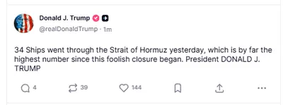 @Open Source Intel: U.S. President Donald Trump: 

"34 Ships went through the Strait of Hormuz yesterday, which is by far the highest number since this foolish closure began."