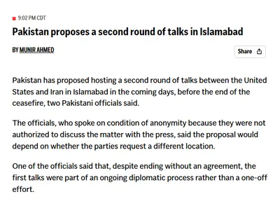 @Open Source Intel: AP: Pakistan has proposed hosting a second round of talks between the United States and Iran in Islamabad in the coming days before the ceasefire ends, two Pakistani officials say.