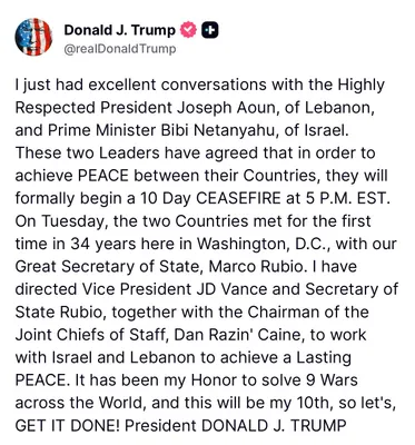 @Open Source Intel: Trump:

I just had excellent conversations with the Highly Respected President Joseph Aoun, of Lebanon, and Prime Minister Bibi Netanyahu, of Israel.
These two Leaders have agreed that in order to ach