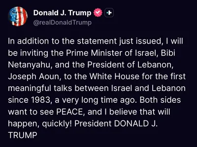 @Eli Afriat 🇮🇱: 🚨🇱🇧🇮🇱 Trump announced: Ceasefire in Lebanon starting at midnight - and lasting 10 days. "I will invite Netanyahu and the Lebanese president for talks at the White House - I believe there will be 