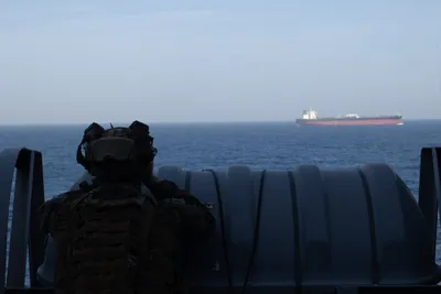 @U.S. Central Command: U.S. Marines from the 31st Marine Expeditionary Unit, and Sailors assigned to amphibious transport dock ship USS New Orleans (LPD 18) support blockade operations against Iran, April 16. 

U.S. forces 