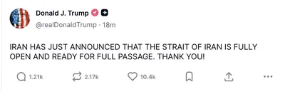 @WarMonitor🇺🇦🇬🇧: Trump:
"Iran has just announced that the strait of Hormuz is fully open and ready for full passage! Thank You.