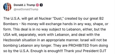 @Visegrád 24: Trump says that "Israel will not be bombing Lebanon any longer."

"They are PROHIBITED from doing so by the U.S.A. Enough is enough!"