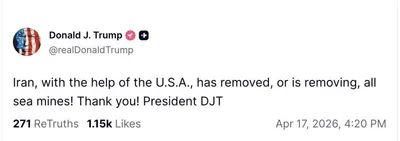 @WarMonitor🇺🇦🇬🇧: Trump:
Iran is removing sea mines from the Strait of Hormuz with the help of the USA.