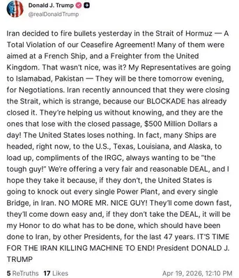 @Open Source Intel: Trump:

Iran decided to fire bullets yesterday in the Strait of Hormuz — A Total Violation of our Ceasefire Agreement! Many of them were aimed at a French Ship, and a Freighter from the United Kingdom