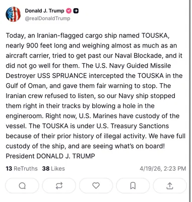 @Open Source Intel: BREAKING: 🔴

U.S. President Donald Trump: "Today, an Iranian-flagged cargo ship named TOUSKA, nearly 900 feet long and weighing almost as much as an aircraft carrier, tried to get past our Naval Bloc