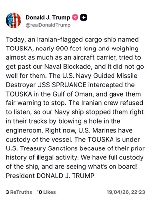 @Eli Afriat 🇮🇱: 🚨🇺🇸🇮🇷Trump: We detained an Iranian cargo ship that tried to break the naval blockade. 👇