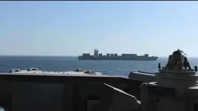 @WarMonitor🇺🇦🇬🇧: Footage released by CENTCOM showing US navy destroyer shooting Iranian cargo ships engine room to stop it as it attempts to avoid blockade