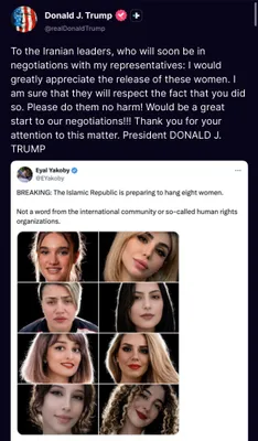 @Goldie Ghamari | گلسا قمری 🇮🇷: Thank you President Trump. These women represent only a tiny fraction of the tens of thousands of innocent Iranians being held as political prisoners inside Occupied Iran.

This is why we Iranians wan