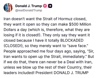 @Open Source Intel: Latest Trump post: 

Iran doesn't want the Strait of Hormuz closed, they want it open so they can make $500 Million Dollars a day (which is, therefore, what they are losing if it is closed!). They onl