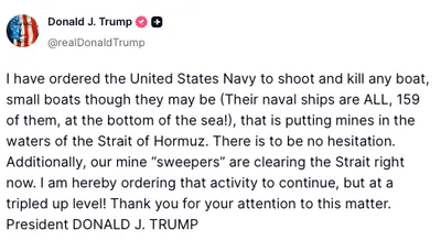 @Shin: President Trump @POTUS:
"I have ordered the United States Navy to shoot and kill any boat, small boats though they may be (Their naval ships are ALL, 159 of them, at the bottom of the sea!), that is p