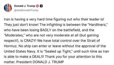 @Visegrád 24: Trump on the US blockade of the Strait of Hormuz

"No ship can enter or leave without the approval of the United States Navy. It is “Sealed up Tight,” until such time as Iran is able to make a DEAL!!!