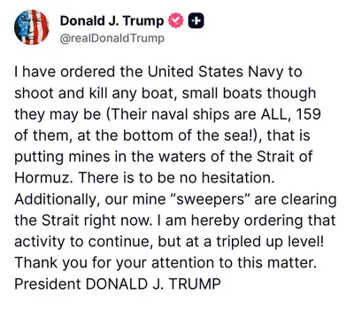 @Eli Afriat 🇮🇱: Trump: I have ordered the Navy to strike any vessel that lays mines in the Strait of Hormuz.

Do you understand what that means?