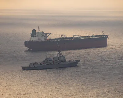 @U.S. Central Command: Guided-missile destroyer USS Rafael Peralta (DDG 115) enforces the U.S. blockade on Iranian ports against an Iranian-flagged ship attempting to sail to a port in Iran, April 24.