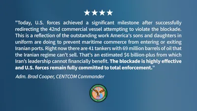 @Open Source Intel: CENTCOM:

"Today, U.S. forces achieved a significant milestone after successfully redirecting the 42nd commercial vessel attempting to violate the blockade. This is a reflection of the outstanding wor