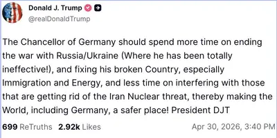 @Visegrád 24: Trump:

"The Chancellor of Germany should spend more time on ending the war with Russia/Ukraine (Where he has been totally ineffective!), and fixing his broken Country, especially Immigration and Ener