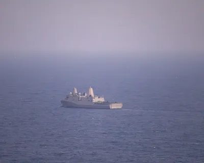 @U.S. Central Command: USS New Orleans (LPD 18) sails in the Arabian Sea during the U.S. blockade of Iranian ports, April 28. Over the past 20 days, 48 vessels have been redirected to ensure compliance with the blockade.