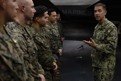 @U.S. Central Command: During a trip to the region earlier today, Adm. Brad Cooper, CENTCOM commander, visited Sailors and Marines aboard USS Tripoli (LHA 7) in the Arabian Sea. He interacted with service members, recognize