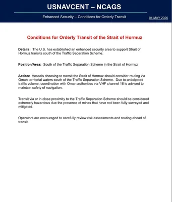 @Open Source Intel: IMPORTANT: UKMTO says a new U.S. security corridor is now in place in the Strait of Hormuz, directing vessels to sail south of the old traffic lanes, closer to Oman’s coast, following President Trump’