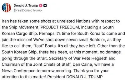 @Open Source Intel: President Trump: "Iran has taken some shots at unrelated Nations with respect to the Ship Movement, PROJECT FREEDOM, including a South Korean Cargo Ship. Perhaps it’s time for South Korea to come and 